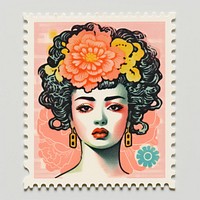Coral Risograph style representation postage stamp needlework.