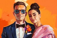 PNG Wedding couple sunglasses painting portrait.