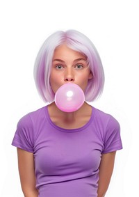 Woman blows off a pink bubble wig portrait purple adult.