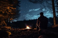 Young alone camping in autumn night fire outdoors.