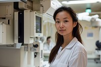 An asian radiology technician standing in front a workstation scientist adult electronics.