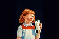 Cute girl holding glass of milk portrait refreshment photography.
