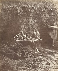 Nature morte: Chaudron, cruche et légumes sur une table à tréteaux by Henri Victor Regnault and Louis Désiré Blanquart Evrard