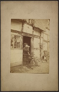 Seated man drinking from mug in open doorway by John Whistler