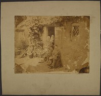 Woman seated at spinning wheel and young girl seated outside open doorway by John Whistler