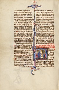 Initial A: A Man before a King and A Man within a Doorway Receiving the Body of a Monk Transported on the Back of a Donkey by Michael Lupi de Çandiu