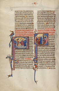Initial S: Two Men Shaking Hands after a Sale of Sheep; Initial Q: Three Men before a Judge Pointing to a Man with a Club and a Man Working at an Anvil by Michael Lupi de Çandiu