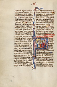 Initial A: Three Children Led before their Parents while a Fourth Child Threatens a Man with a Sword by Michael Lupi de Çandiu