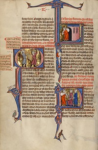 Initial Q: Two Men Fighting with Clubs; Initial L: A Man Leaving a House with a Sack on his Shoulder; Initial N: A Man with a Sack on his Shoulder before a Judge by Michael Lupi de Çandiu