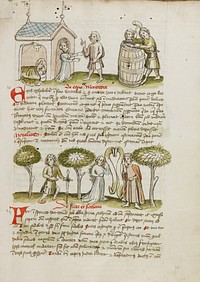 A Woman Greating a Man before her House in which a Man and A Woman Lay in Bed; Two Men Making Casks; A Man with Pigs and a Couple