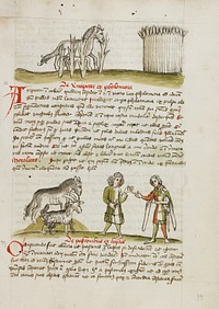 A Horse in a Thorn Bramble near a Wheat Field; A Horse, a Sheep, and Two Men Talking