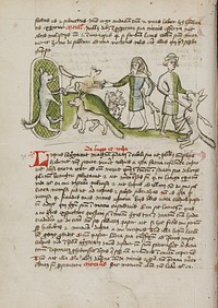 An Imprisoned Wolf and a Fox and Many Dogs Nearby; A Elderly Man with a Club; A Young Man Killing a Wolf