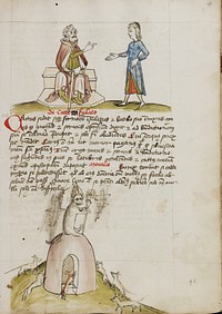 An Elderly Man Speaking to a Younger Man; A Cat with a Bishop's Crosier and Miter Sitting on a Circular Building