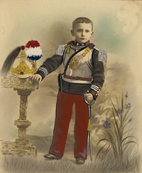 Boy in Military Dress with Helmet on Stand by E Goubier