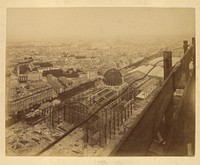 Aerial view of an exhibition building under construction by Louis Émile Durandelle