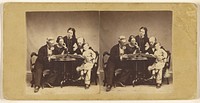 Family of five seated around a table viewing a photographic album, possibly at Brandon, Vermont by Wesley J Cady