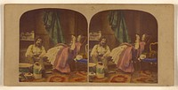 Genre scene: man with bushy moustache seated bathing feet of woman seated reading a book by Joseph John Elliott