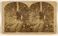 Man with moustache and long sideburns wearing a hat sleeping under a tree in the woods, probably in New Hampshire by Benjamin West Kilburn