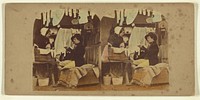 Woman washing clothes, man seated holding a bottle, clothes hung up overhead by London Stereoscopic and Photographic Company