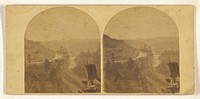 Genesee Falls, Portage, N.Y. View up the Genesee River from the High Bank below the Middle Falls. The Railroad Bridge...Canal. by New York Stereoscopic Company