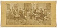 Two men playing cards at a table, decanters on top, several men standing over them observing