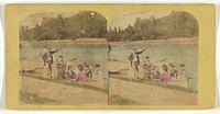 Family in boat along shoreline