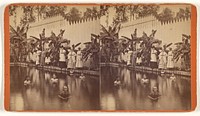 Children in a backyard swimming pool, group of mothers at edge of pool observing, area enclosed with fence and banana trees by Wilson and Havens