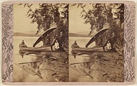 Family outing on a lake with canoes, Adirondacks by G W Baldwin
