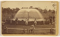 Park scene with arching spray fountain by Leroy T Butterfield