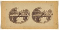Boy fishing from a bridge, printed in vignette-style