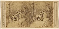Two men on a forest path with barren trees by Adolphe Braun
