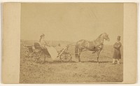 Unidentified woman seated in a horse-drawn carriage, unidentified man in top hat, standing by George P Critcherson