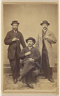 Three unidentified men wearing hats, holding either a pipe or cigar, all with moustaches and/or beards by T M Schleier