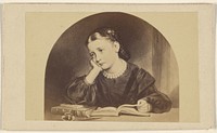 Copy of a painting of a dejected looking young girl reading a book at a table
