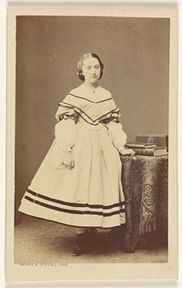 Unidentified woman standing near a table with books on top by Bayard and Bertall