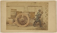 Two Chinese coolies pulling a cart with barrels