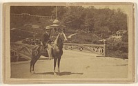 Unidentified man wearing a hat on horseback near a bridge by A S Hinckley