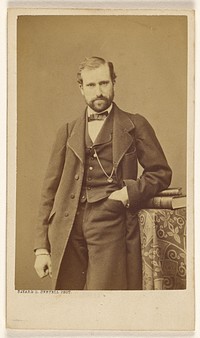 Unidentified well-dressed bearded man standing, elbow on books on a table by Bayard and Bertall