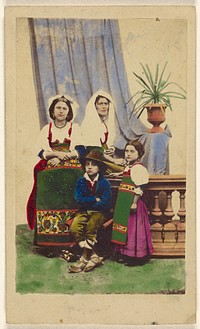 Cociare [two unidentified women seated next to a boy seated and a girl standing, all wearing native costumes] by Antonio Mariannecci