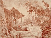 Farmyard with Two Figures by a Well and a Large Wheelbarrow in the Foreground by Hubert Robert