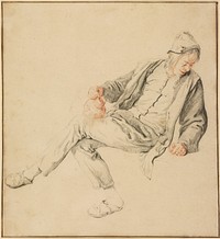 A Seated Peasant Looking Down to the Right, Holding a Pitcher by Cornelis Dusart