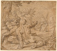 River Gods Watching Apollo Pursuing Daphne (recto); Virgin and Child and Two Partial Studies of Hands and Drapery (verso) by Abraham Bloemaert