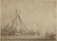 Ships at a Fishing Weir with a City in the Background by Hendrick Dubbels