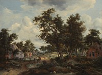 A Wooded Landscape with Travelers on a Path through a Hamlet by Meindert Hobbema and Abraham Storck