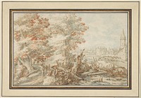 A Wooded Landscape with Travellers by a Stream, a Town Beyond by Pieter Stevens