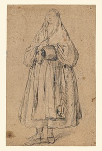 Standing Woman Holding a Muff, Turned Slightly to the Left (recto); Studies of Heads (verso) by Pietro Longhi