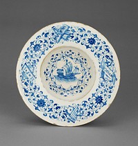 Blue and White Dish with a Merchant Ship