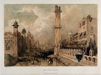 The Chandnee Chouk or market place, Delhi. Coloured lithograph by W. Gauci after Thomas Colman Dibdin after Bacon, 1840.