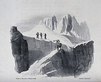 The ascent of Mont Blanc by John Auldjo's party in 1827: the party negotiating a cliff. Lithograph after J. Auldjo, 1828.