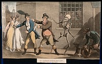The dance of death: the catchpole. Coloured aquatint after T. Rowlandson, 1816.